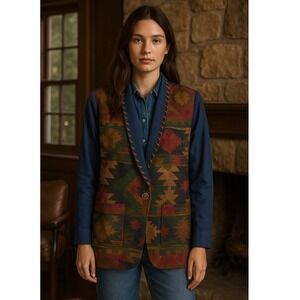 VTG Royal Studio Southwestern Tapestry Blazer Cotton Leather Trim‎ USA M